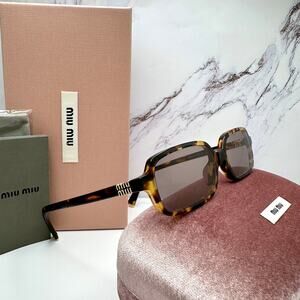New MIU MIU Sunglasses Brown Square Tortoise Rectangular Gold Logo Authentic